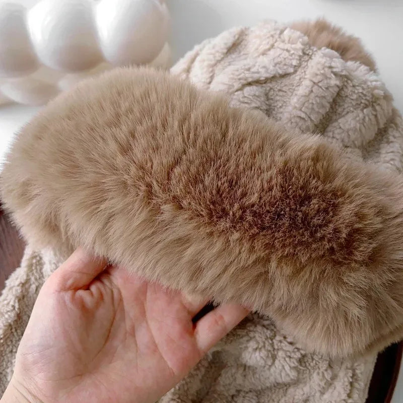 Women's Winter Pom Pom Beanie Hat Scarf Mask - One-Piece Fleece Bonnet