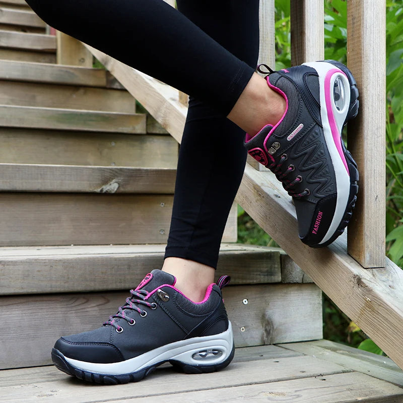 Women's Air Cushion Platform Sneakers - Waterproof Breathable Outdoor Athletic Shoes - Comfortable Lace-Up Hiking Sneakers
