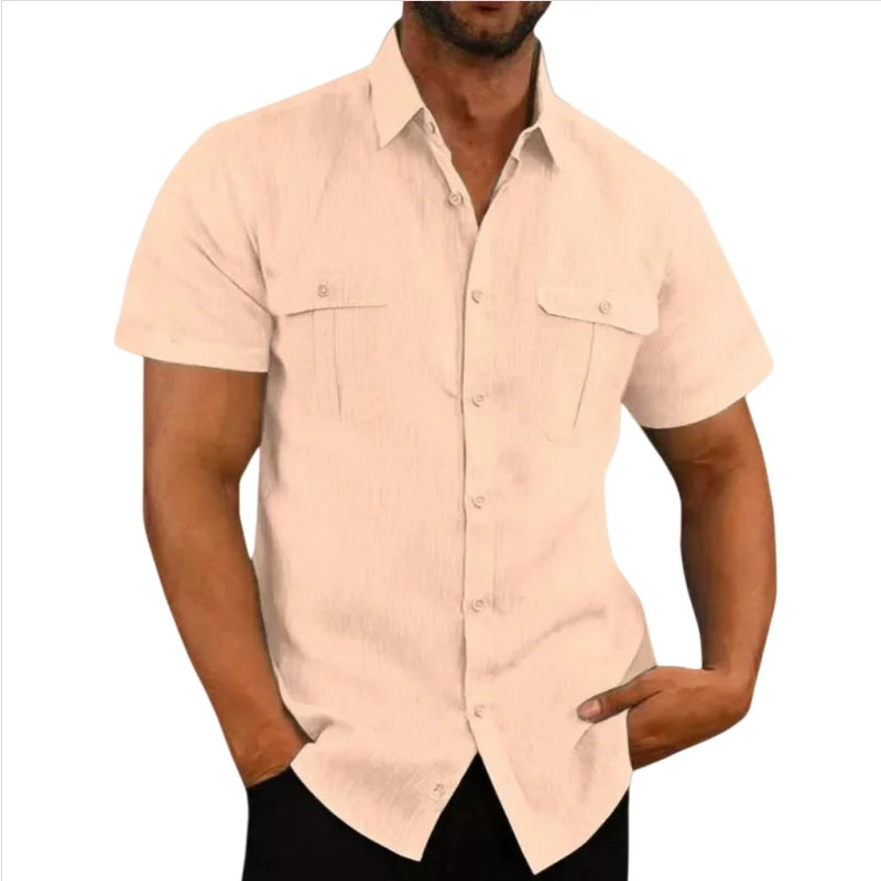 DFKDZG Men's Linen Blend Short-Sleeve Casual Button-Down Shirt | Breathable Summer Beach Style, Plus Size M–4XL