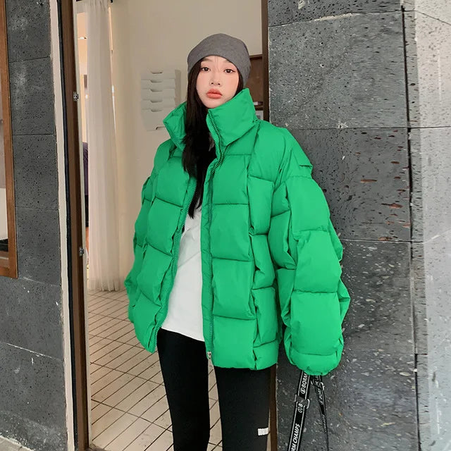 Women's Oversized Puffer Jacket - Warm Cotton Filled Winter Coat with Stand Collar