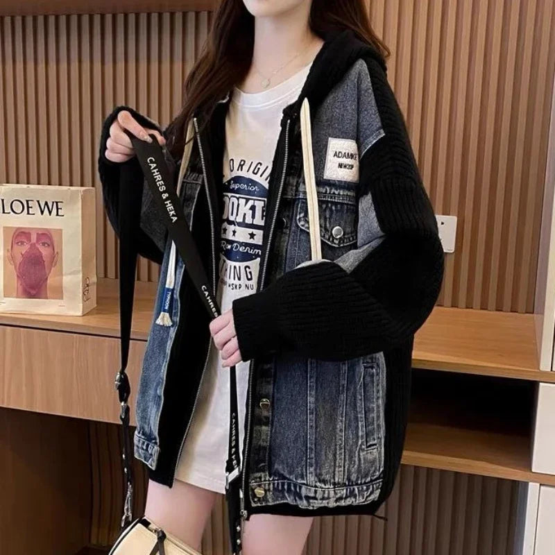 Women's Chic Black Denim Jacket-Winter 2024 Hooded Graphic Outerwear.