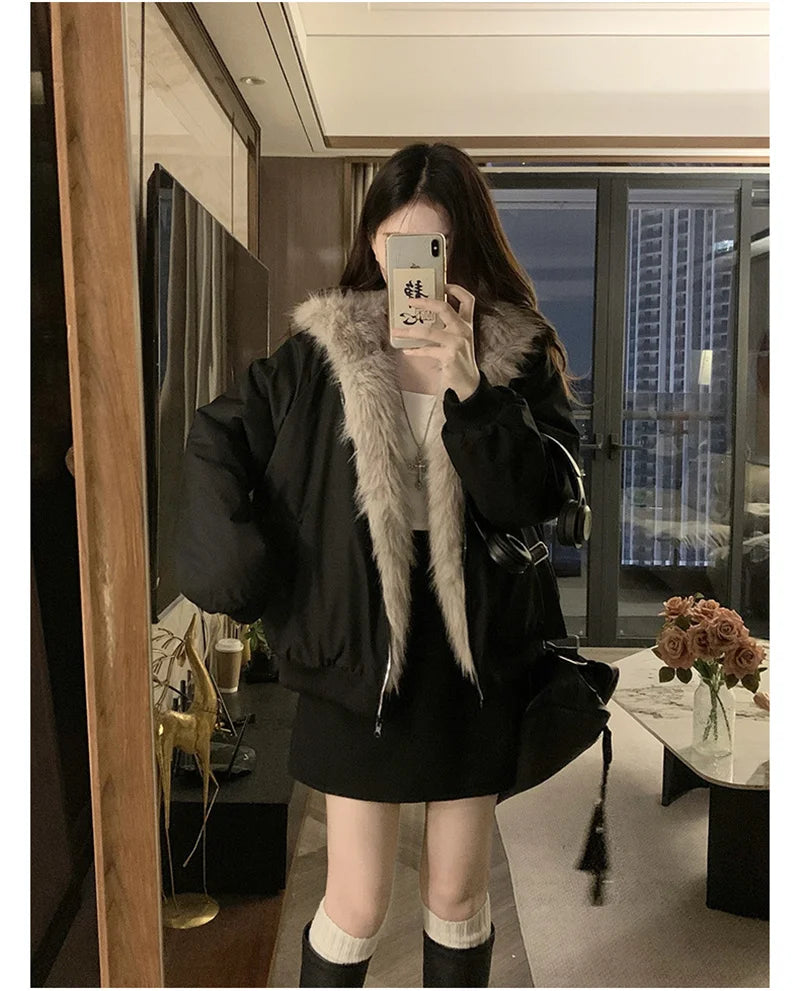 Women's Reversible Faux Fur Hooded Coat - Double Sided Polyester Autumn/Winter Jacket with Warm Padding