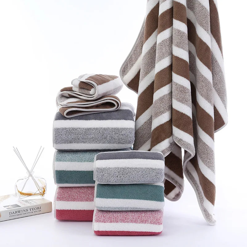Striped Microfiber Towel Set - Ultra Soft Quick Dry Bath & Face Towels (2 Sizes)