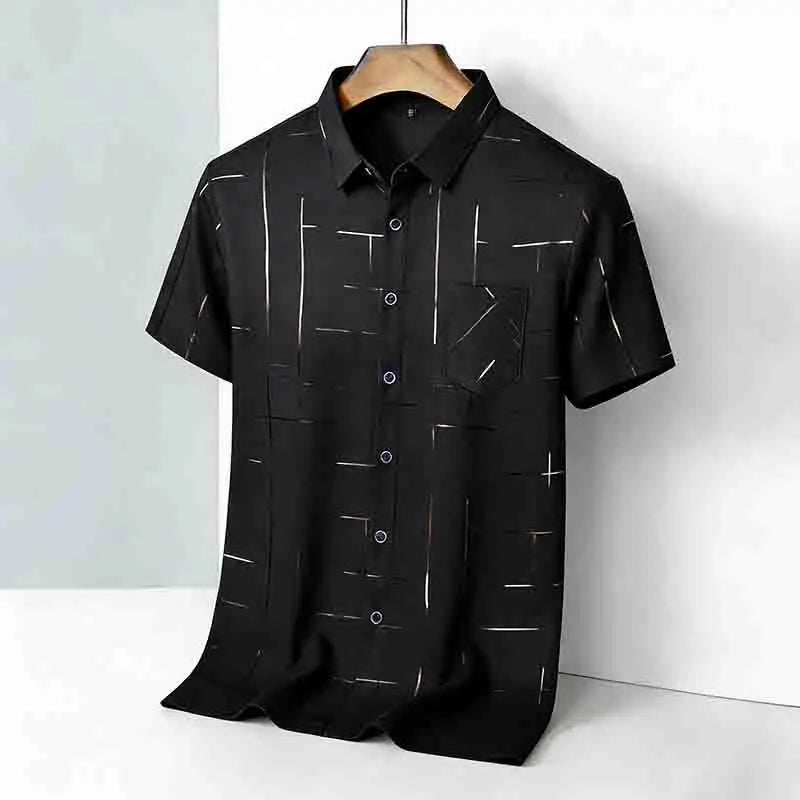 Men's 2026 Geometric Line Print Shirt Short Sleeve with Chest Pocket | 100% Cotton Button-Up Business Casual Daily Office Fashion Top.
