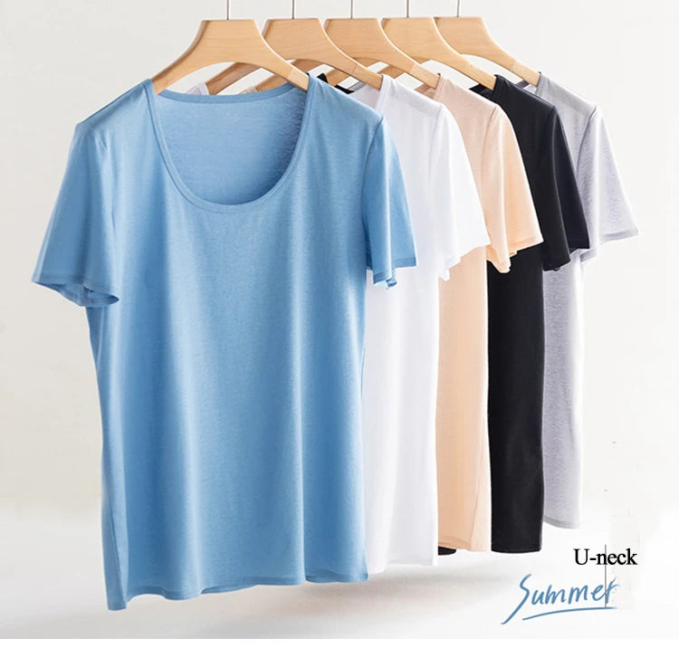 Eesswel Women's V-Neck Silk-Blend T-Shirt | Soft Breathable Summer Tee | Casual Short Sleeve Solid Top – Multiple Colors