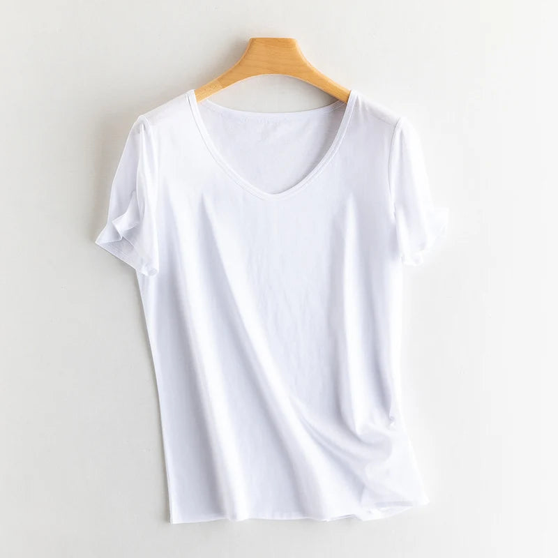 Eesswel Women's V-Neck Silk-Blend T-Shirt | Soft Breathable Summer Tee | Casual Short Sleeve Solid Top – Multiple Colors