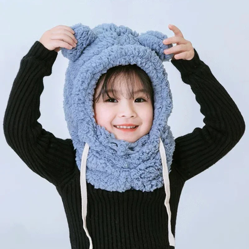 Unisex Kids Bear Ears Hood Hat Scarf Mask - Winter Plush Ear Protection Cap