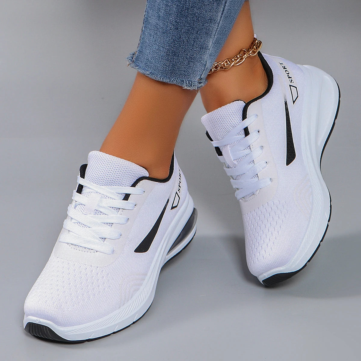 Women's Air Cushion Lace-Up Sneakers – Breathable Mesh Color-Block Running Style Shoes with Rubber Sole
