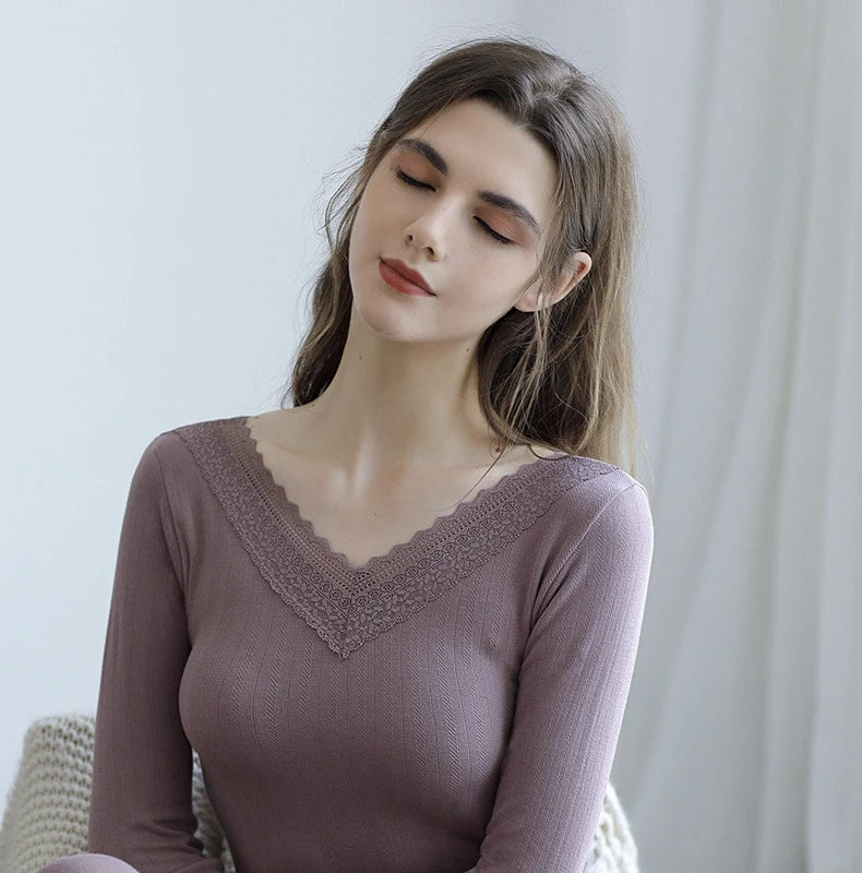 Women's Winter Lace Thermal Underwear Set: Long Sleeve V-Neck Blouse & Slim Fit Pants for Cozy Autumn Style.