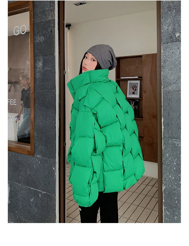 Women's Oversized Puffer Jacket - Warm Cotton Filled Winter Coat with Stand Collar