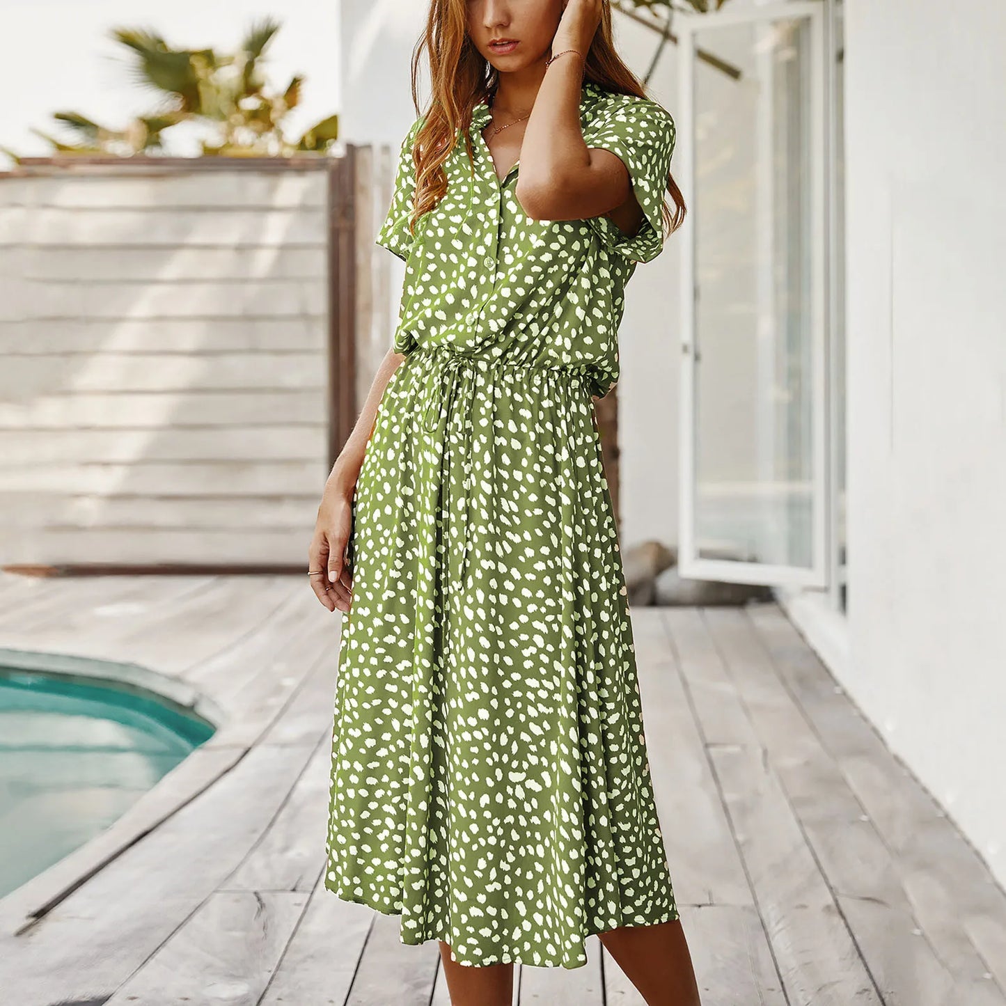 Women's Polka Dot Midi Dress – Slim Fit A-Line Casual Summer Dress with Drawstring Waist