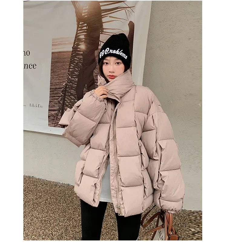 Women's Oversized Puffer Jacket - Warm Cotton Filled Winter Coat with Stand Collar