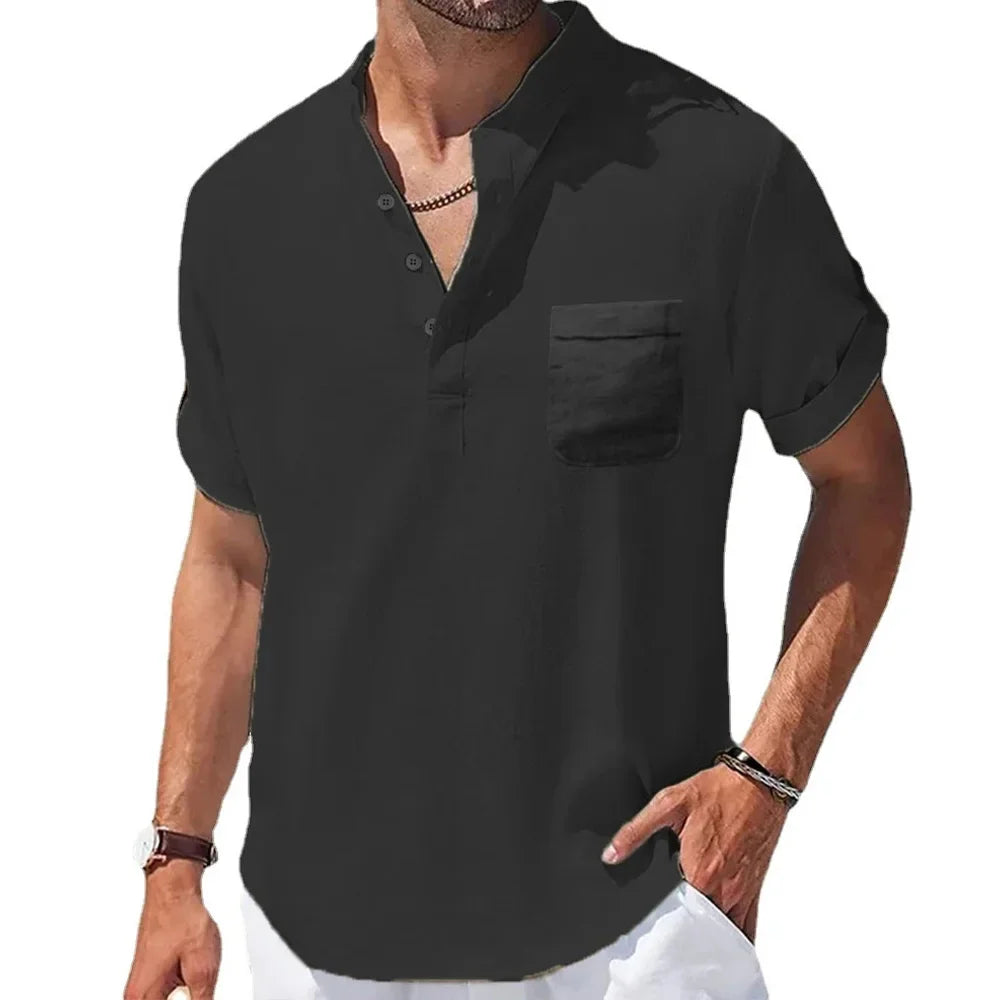 Men's Casual Henley Collar Shirt | Short Sleeve Cotton Linen Summer Top – FURCW