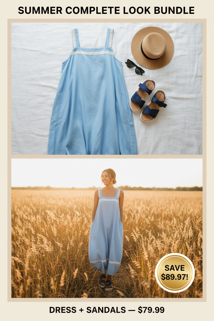 Summer Complete Look Bundle — Women's Loose Suspender Dress with Pockets + Casual Platform Sandals