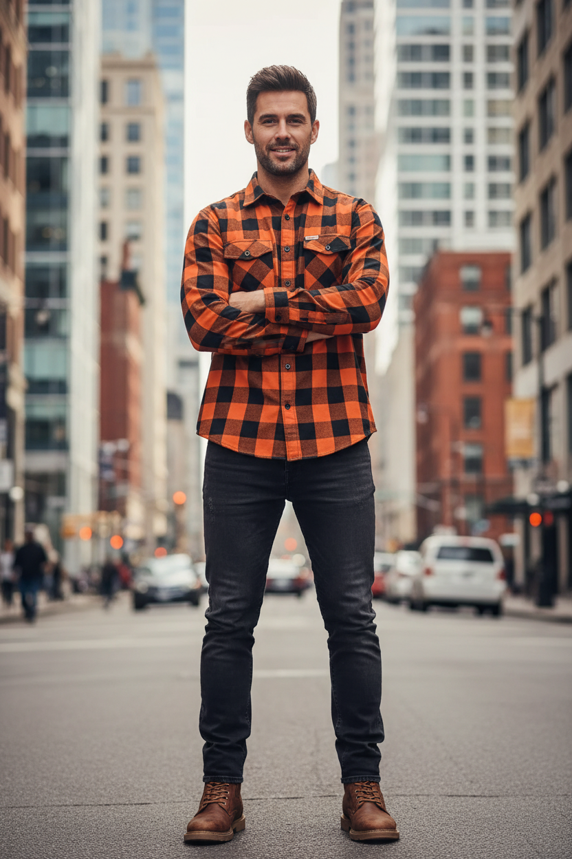 Unik Riding Gear Men's Black & Orange Plaid Flannel Shirt | 100% Cotton Long Sleeve Button-Down