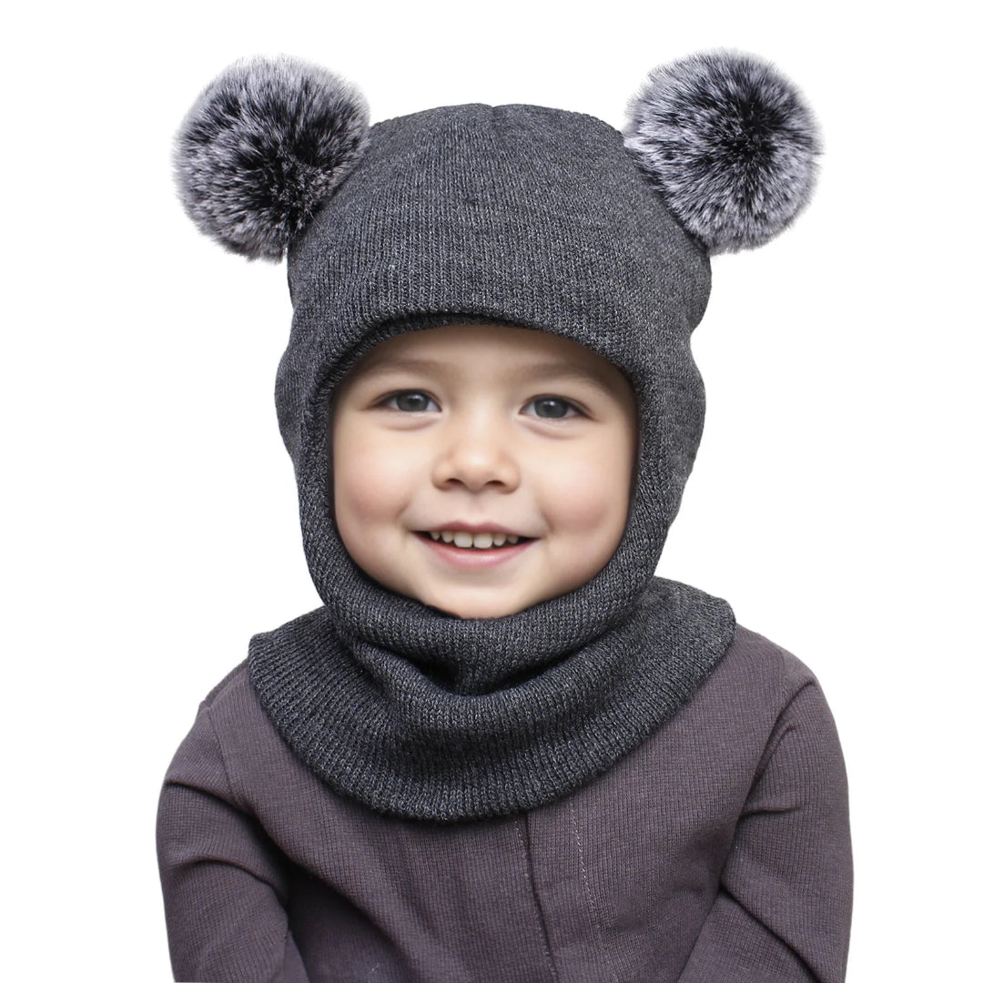 Unisex Adorable Kids Pom Pom Winter Hood - Knitted Hat & Scarf Combo | Cotton Ear-Protecting Balaclava