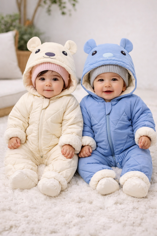 Unisex Baby Winter Romper with Hood - Soft Cotton Padded Snowsuit (0-3 Years)
