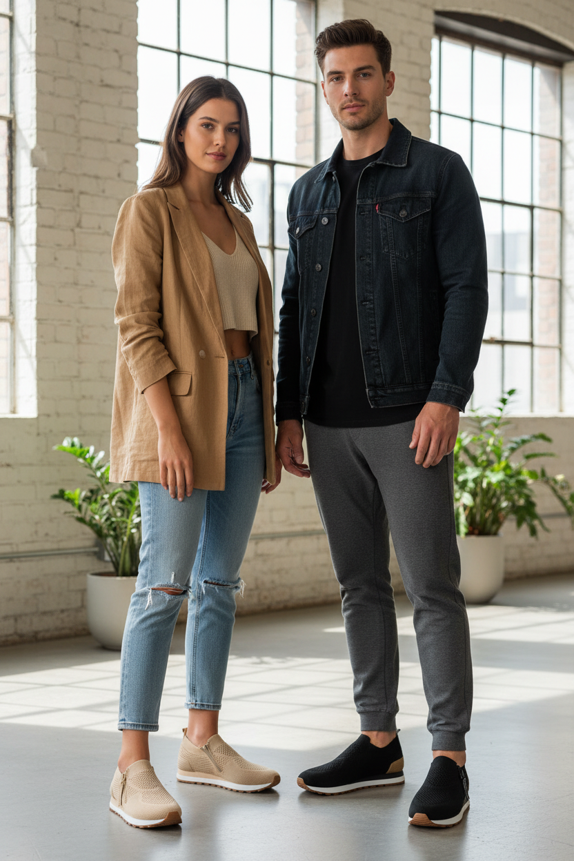 Two models showcase stylish comfort footwear and casual apparel inside a bright, modern loft.
