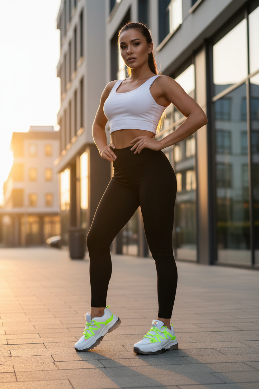 A fit woman wearing activewear strikes a pose in the city as the sun sets.