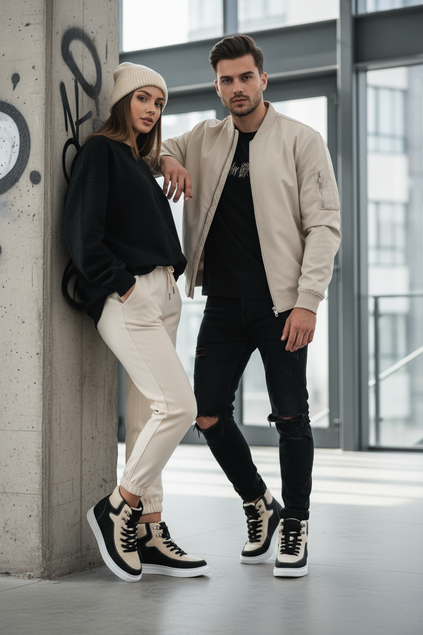 Unisex High-Top Platform Sneakers - Two-Tone Lace-Up with Hidden Wedge - Faux Fur Trim