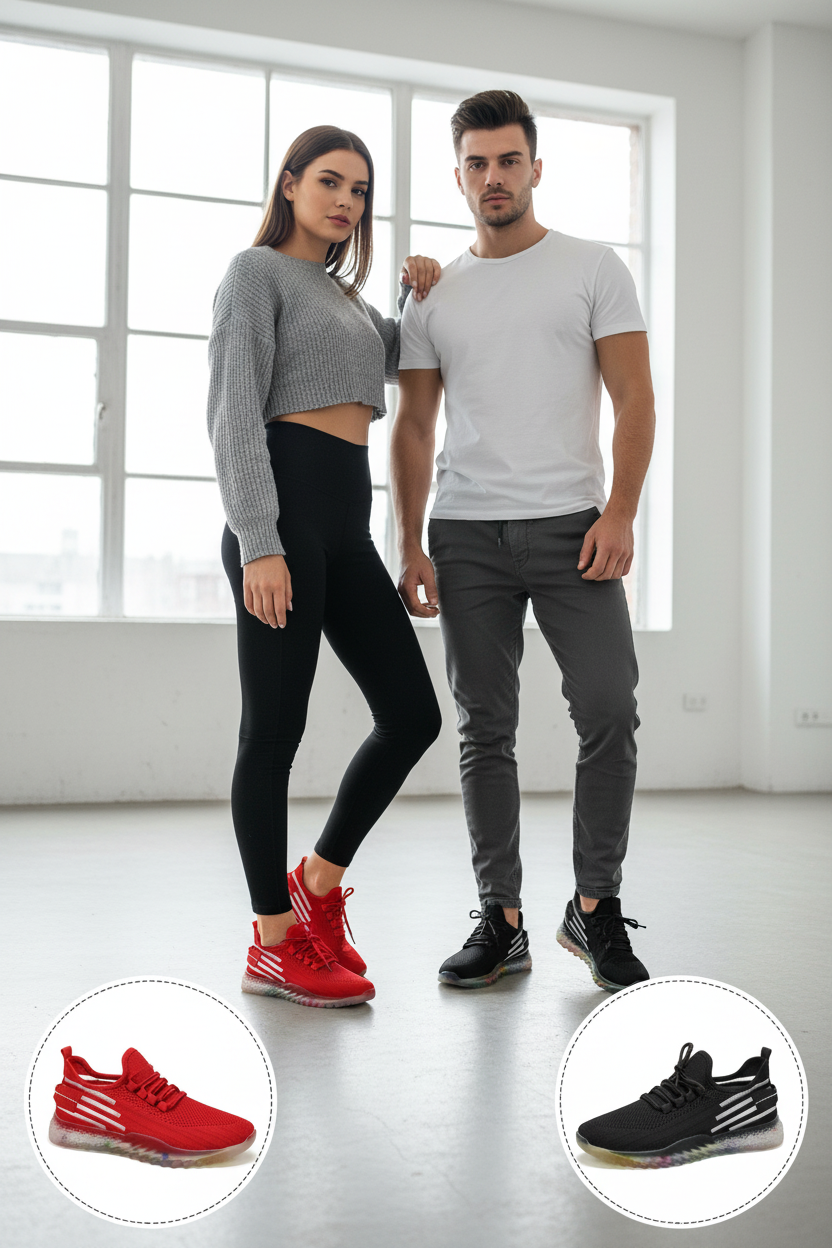 Unisex Knit Lace-Up Sneakers - Rainbow Transparent Sole - Lightweight Athletic Running Shoes