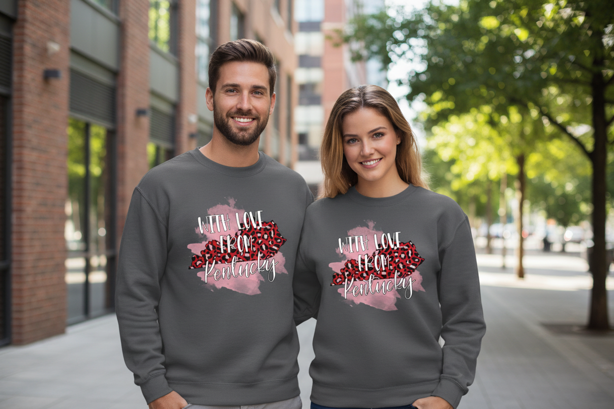 Unisex With Love From Kentucky Sweatshirt - Leopard Lips Graphic - Cotton Poly Blend