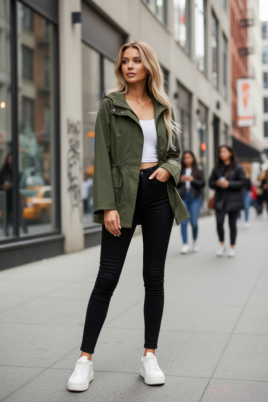 Women's Asymmetric Hooded Windproof Jacket — Plus Size Streetwear Zip-Up Coat with Flare Sleeves