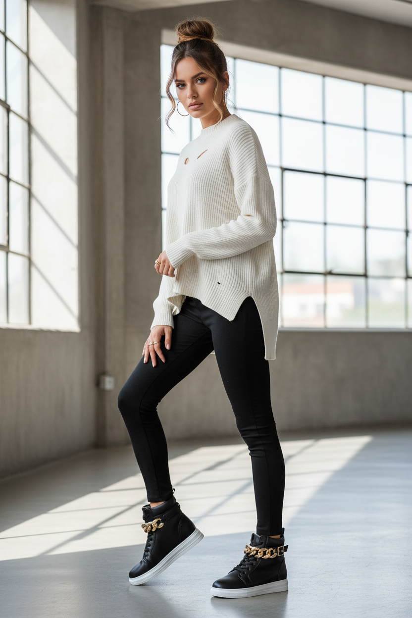 A model showcases a chic, casual look in a cream cutout sweater, black skinny jeans, and trendy black chain-detail sneakers inside a bright, modern studio.
