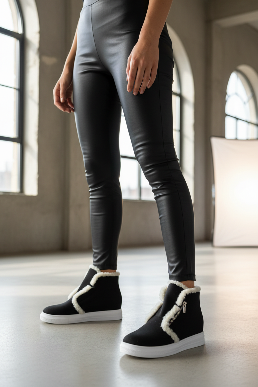 A woman models stylish black faux leather leggings and cozy winter ankle boots with white sherpa trim in a studio.
