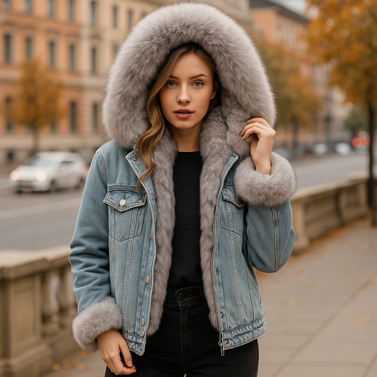 Women's Chic Winter Denim Jacket: Fleece-Lined with Big Fur Collar & Motorcycle Style