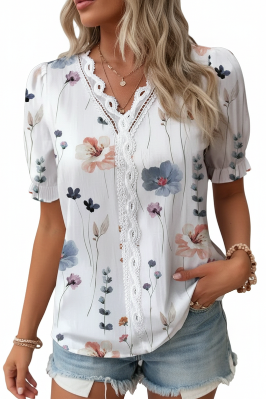 Women's Floral Lace V-Neck Blouse | Short Sleeve Summer Top