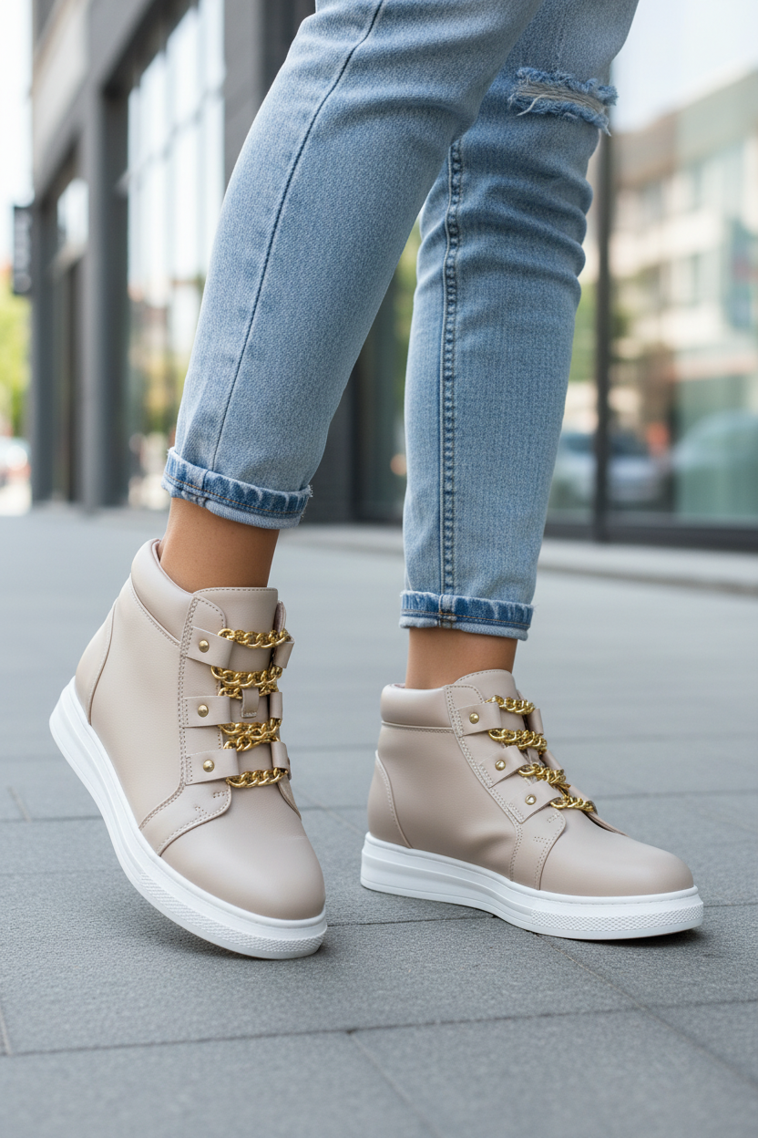 Woman models beige leather ankle boots with gold chain details and white soles, wearing trendy ripped jeans outdoors.
