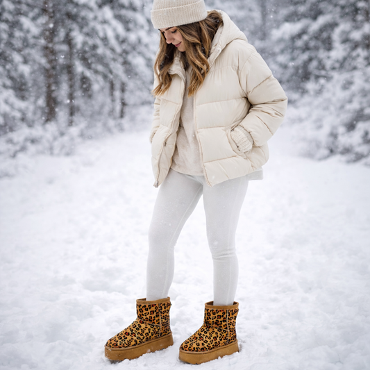 Women's Leopard Print Faux Fur Platform Booties -Thermal Winter Boots