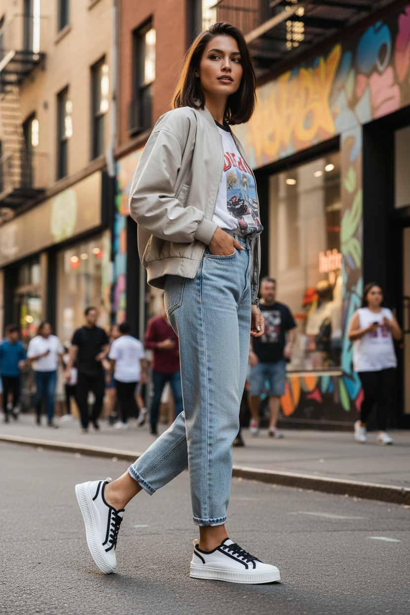 A stylish woman in a bomber jacket and platform sneakers walks confidently down a vibrant city street.
