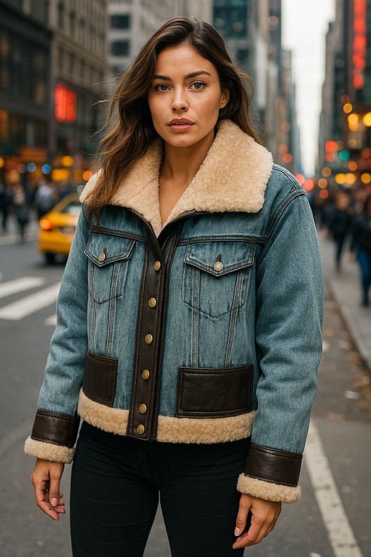 Women’s Premium Denim Winter Jacket - Natural Sheep Leather, White Fur Collar & Goose Down Lining