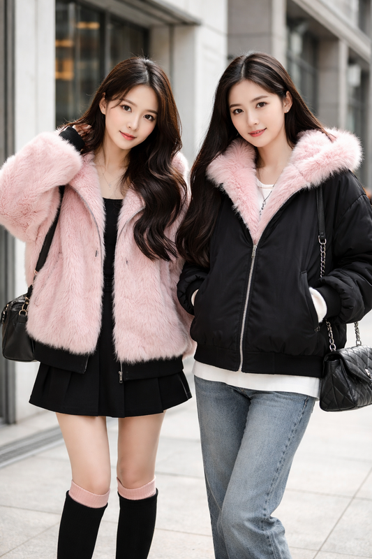 Women's Reversible Faux Fur Hooded Coat - Double Sided Polyester Autumn/Winter Jacket with Warm Padding