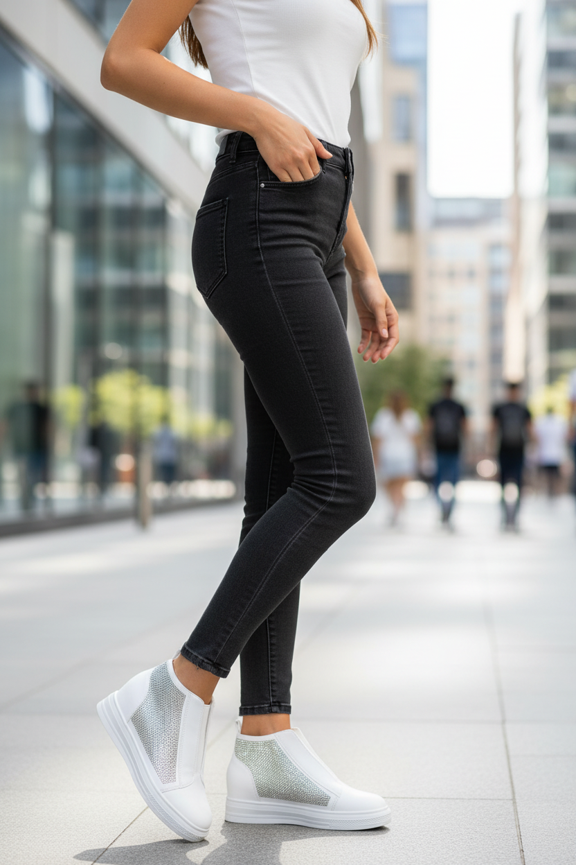 A woman models trendy black skinny jeans and white platform sneakers with shimmering silver panels while walking in the city.

