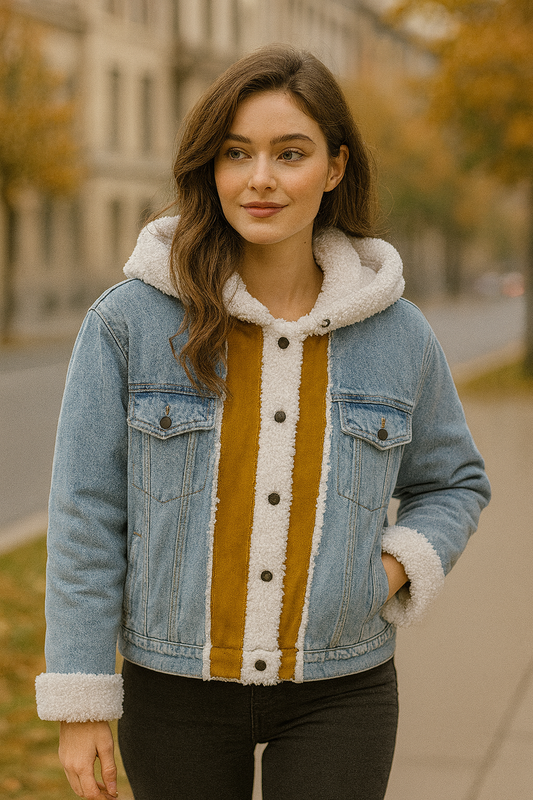 Women's Winter Denim Spliced Hooded Lamb Wool Jacket for Women-Thick Cotton Outwear with Double Pockets & Single-Breasted Closure.