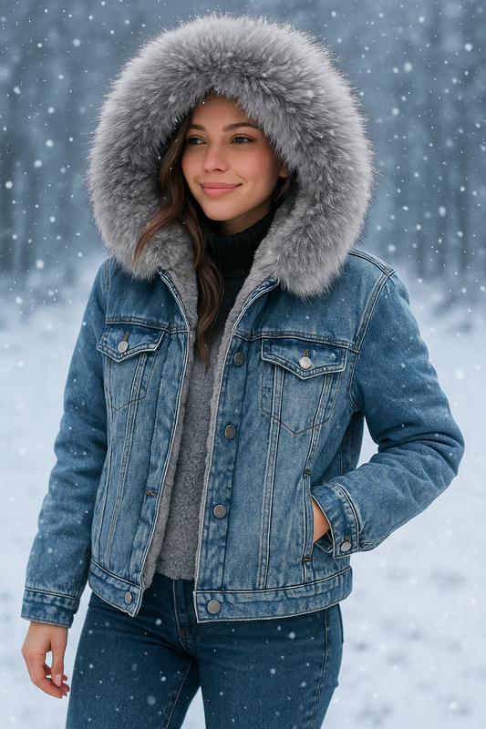 Women's Winter Denim Hooded Coat-Removable Fur Collar, Fleece Lined, Warm Cotton & Polyester Jacket.