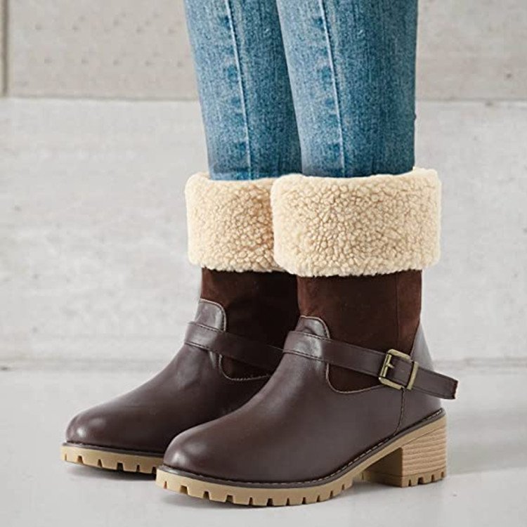 Women's Sherpa Cuff Ankle Boots - Chunky Heel Winter Boots with Buckle