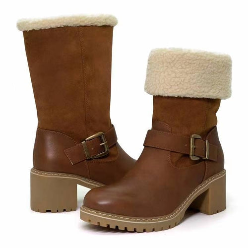 Women's Sherpa Cuff Ankle Boots - Chunky Heel Winter Boots with Buckle