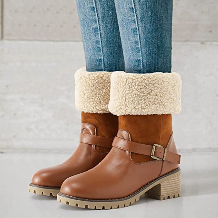Women's Sherpa Cuff Ankle Boots - Chunky Heel Winter Boots with Buckle