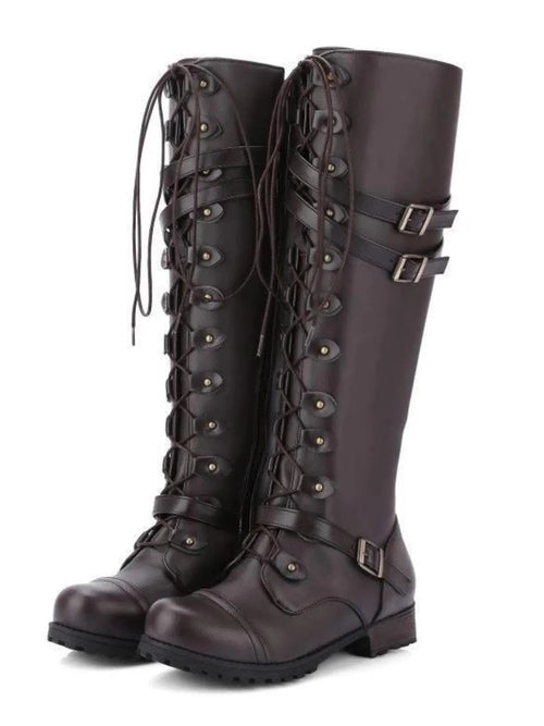 Women's Lace-Up Combat Boots - Buckle Strap Detail | Edgy Fashion Boots