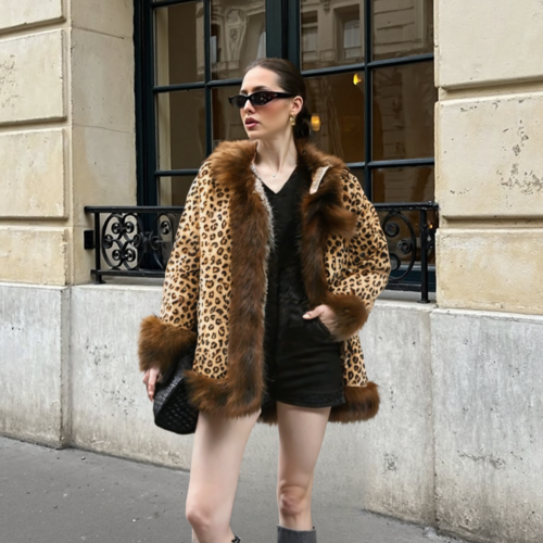 Women's Faux Fur Hooded Leopard Jacket - Cozy Acrylic Winter Coat