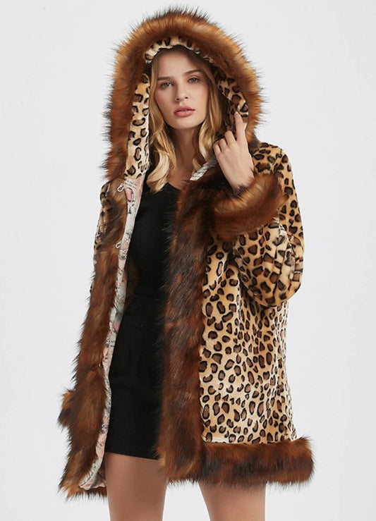 Women's Faux Fur Hooded Leopard Jacket - Cozy Acrylic Winter Coat