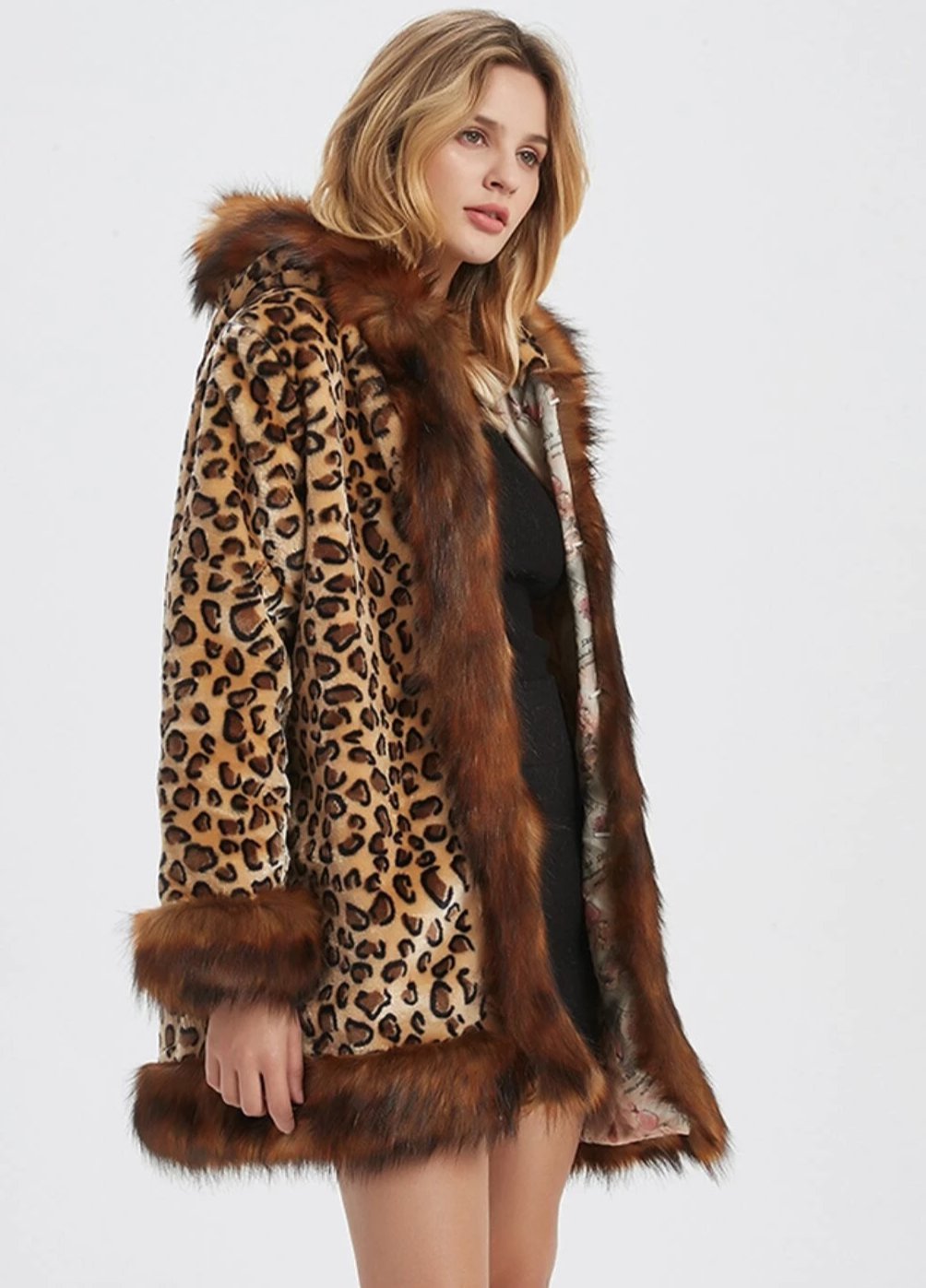 Women's Faux Fur Hooded Leopard Jacket - Cozy Acrylic Winter Coat