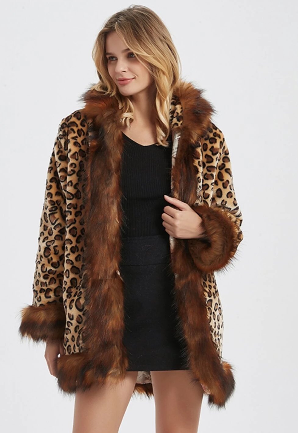 Women's Faux Fur Hooded Leopard Jacket - Cozy Acrylic Winter Coat